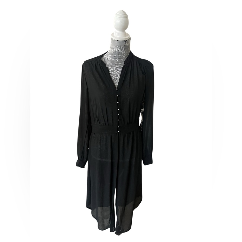Tildon Black Sheer Button Front Midi Dress Long Sleeve Size Extra Small NWT